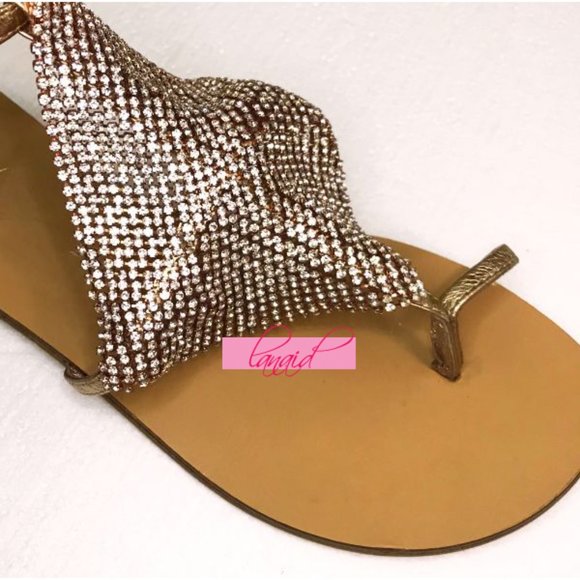 Lola Cruz Luanda Sandals Leather Copper Crystals Iridescent Holographic Sparkly - Picture 2 of 9